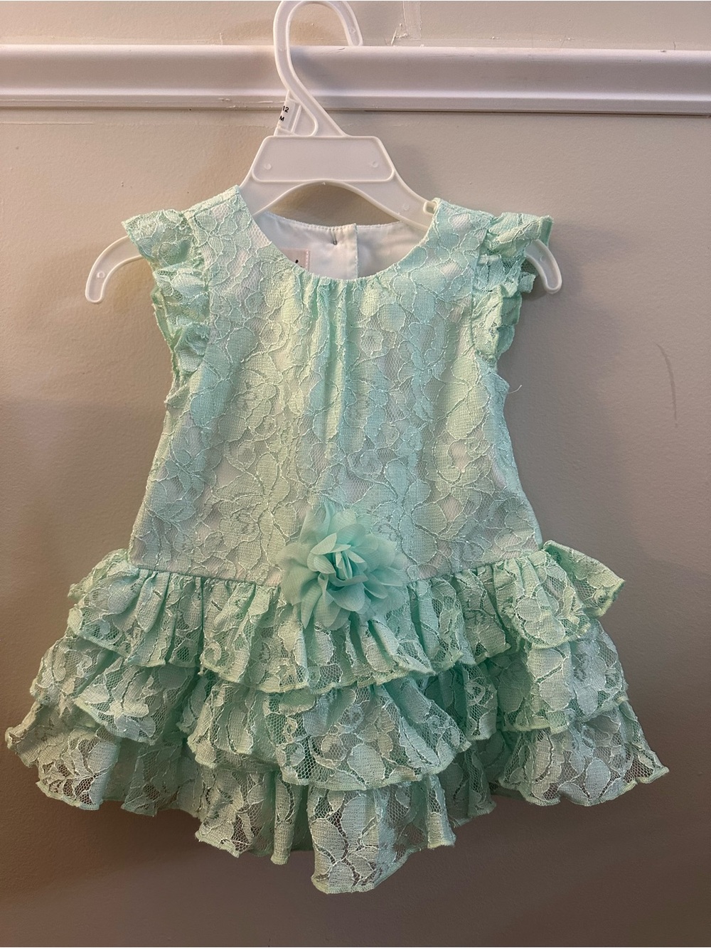 Toddler Mint Lace Ruffle Dress with Floral Accent